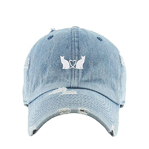 Cats with Heart Vintage Baseball Cap Embroidered Cotton Adjustable Distressed Dad Hat